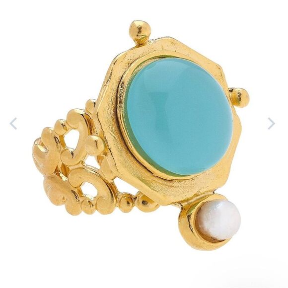 Susan Shaw Gold and Blue Ornate Ring with Turquoise Stone - Picture 1 of 9